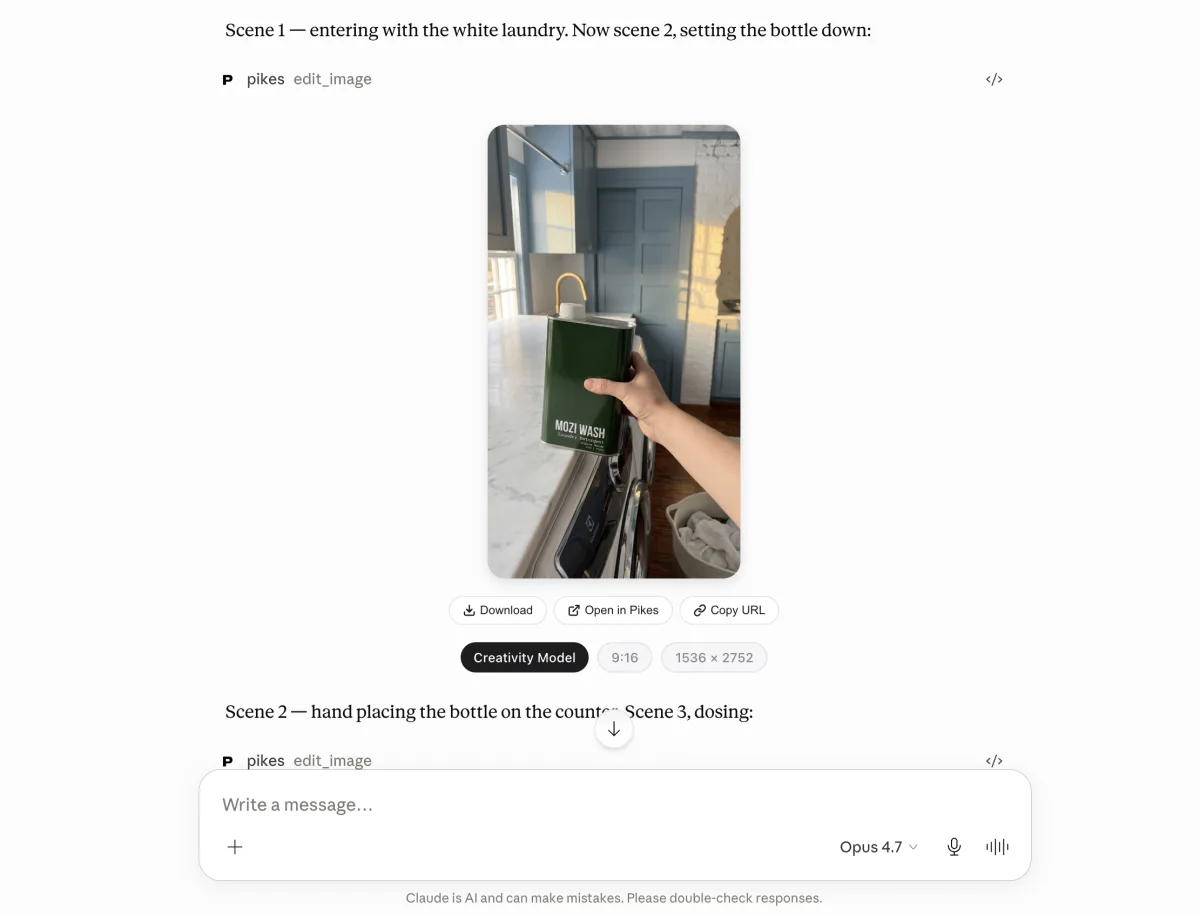 Pikes generating product scenes inside Claude