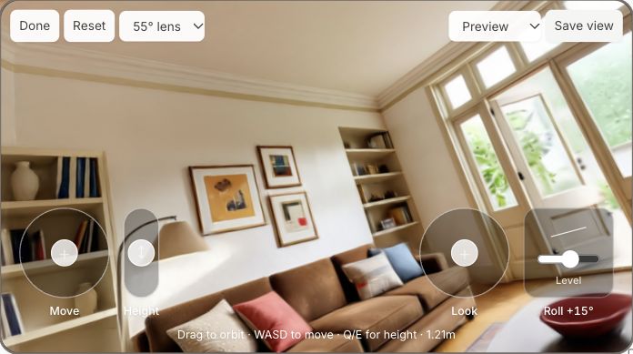 Pikes 3D camera with its horizon rotated 15 degrees and Move, Height, Look and Roll controls.