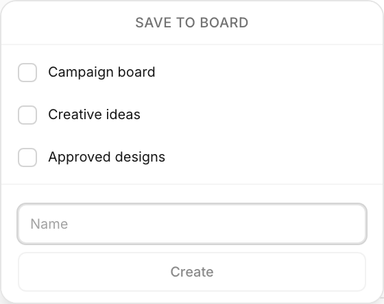 Pikes board picker offering existing boards and a field to create a new board.